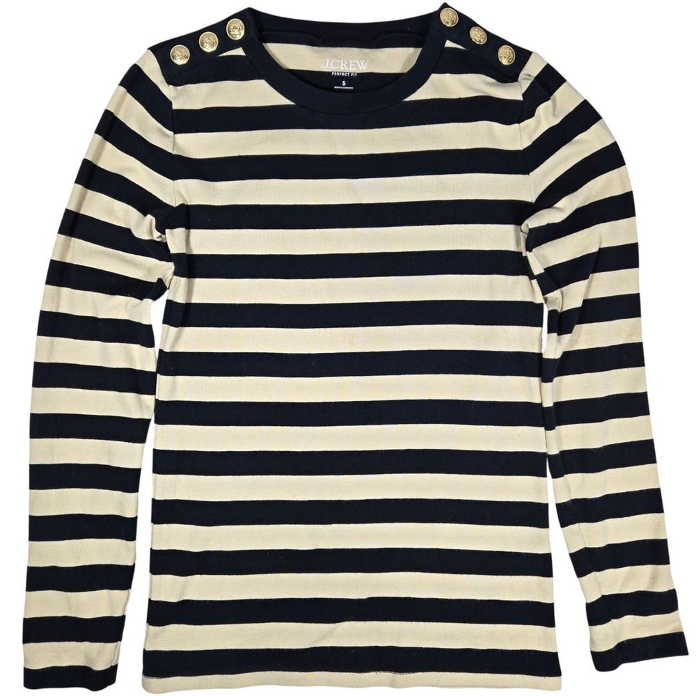 J.Crew Perfect Fit Stripe Long Sleeve T-Shirt Gold Button Shoulder BS569 S